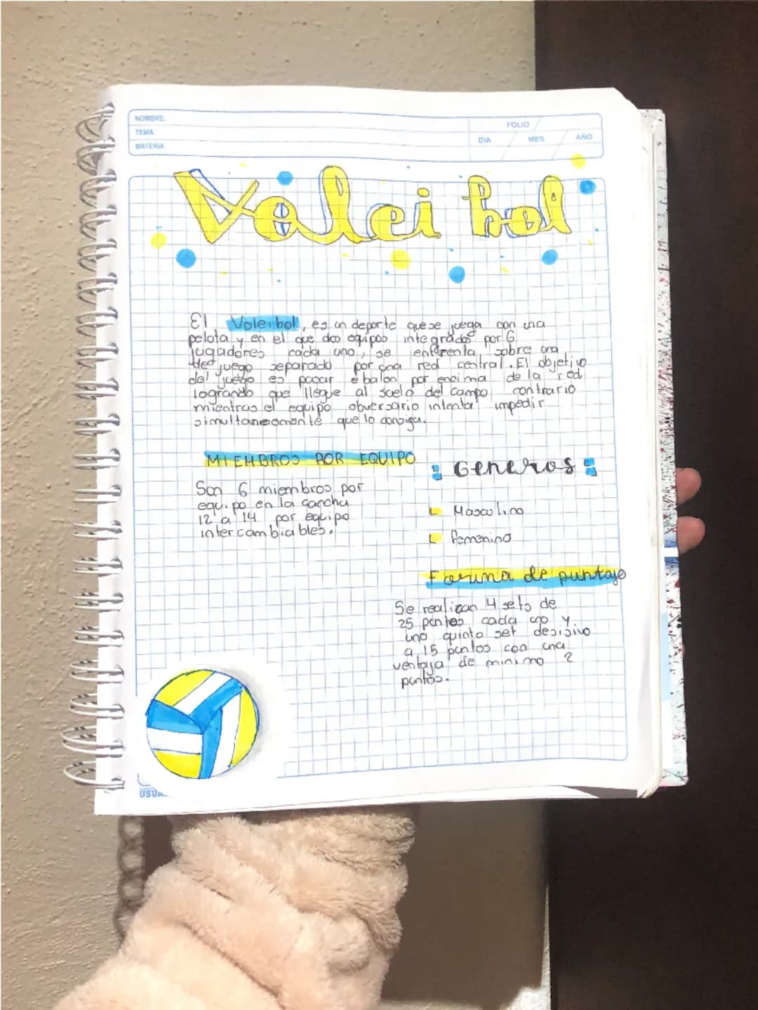 --- OCR Start ---
NOMBRE
TEMA
MATERIA
USUA
FOLIO
DIA
MES
ANG
Villei holl
El Voleiboll, es in deporte que se juega con una
pelota y en el que