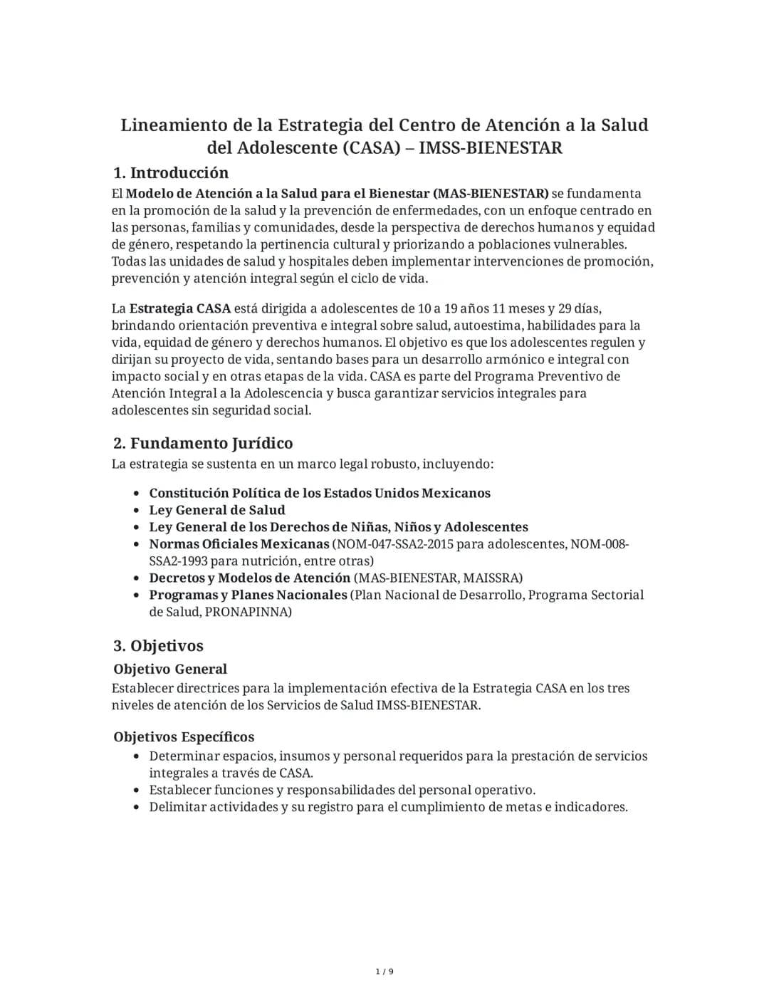 Lineamiento de la Estrategia del Centro de Atención a la Salud
del Adolescente (CASA) - IMSS-BIENESTAR
1. Introducción
El Modelo de Atención