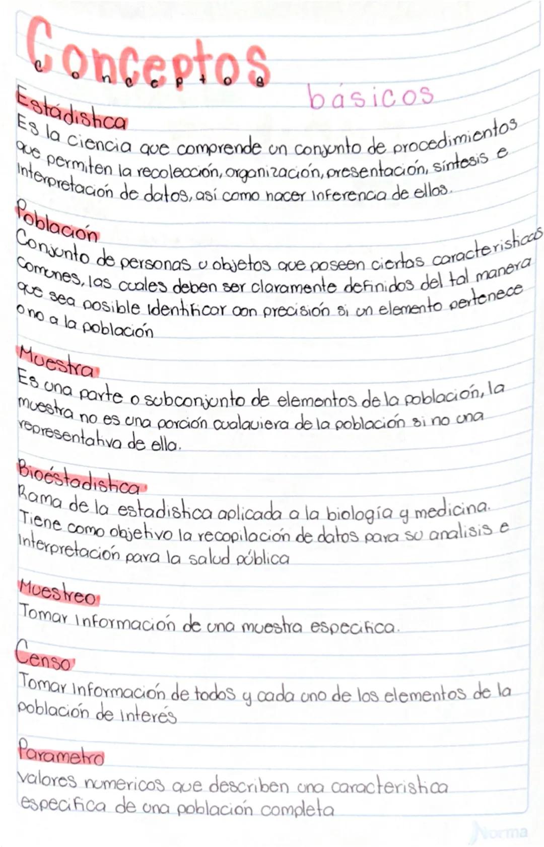 Conceptos
básicos
Estádishca
Es la ciencia que comprende un conjunto de procedimientos
que permiten la recolección, organización, presentaci