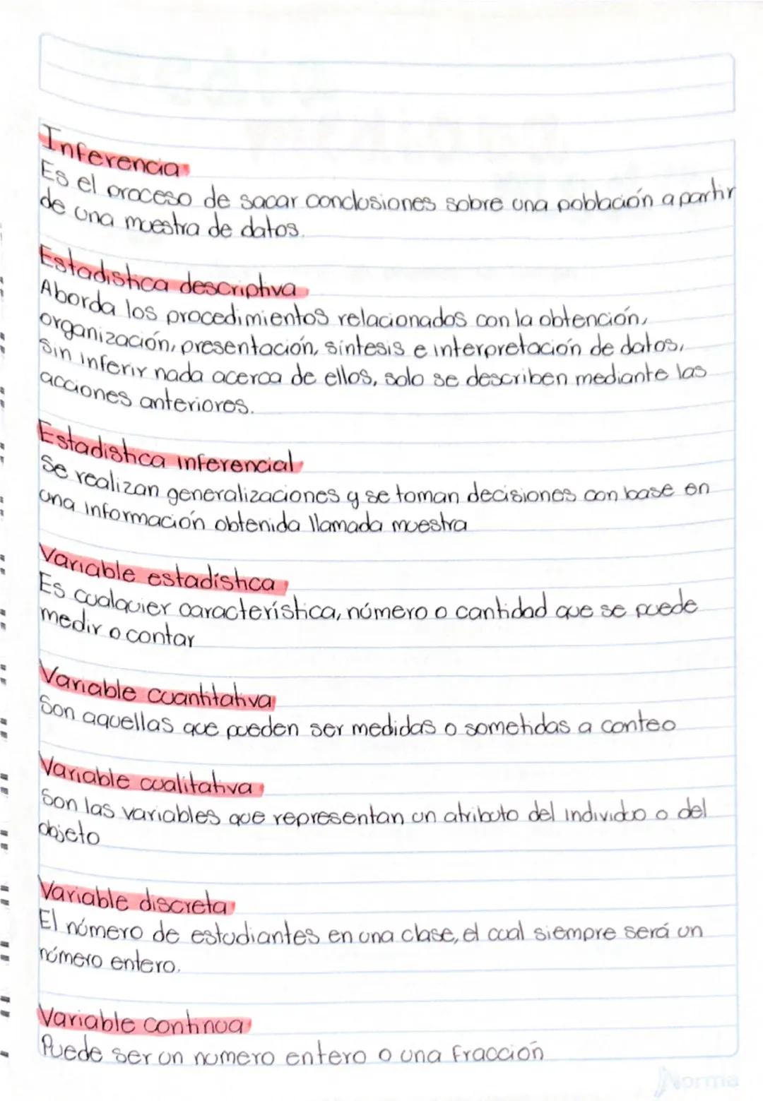 Conceptos
básicos
Estádishca
Es la ciencia que comprende un conjunto de procedimientos
que permiten la recolección, organización, presentaci