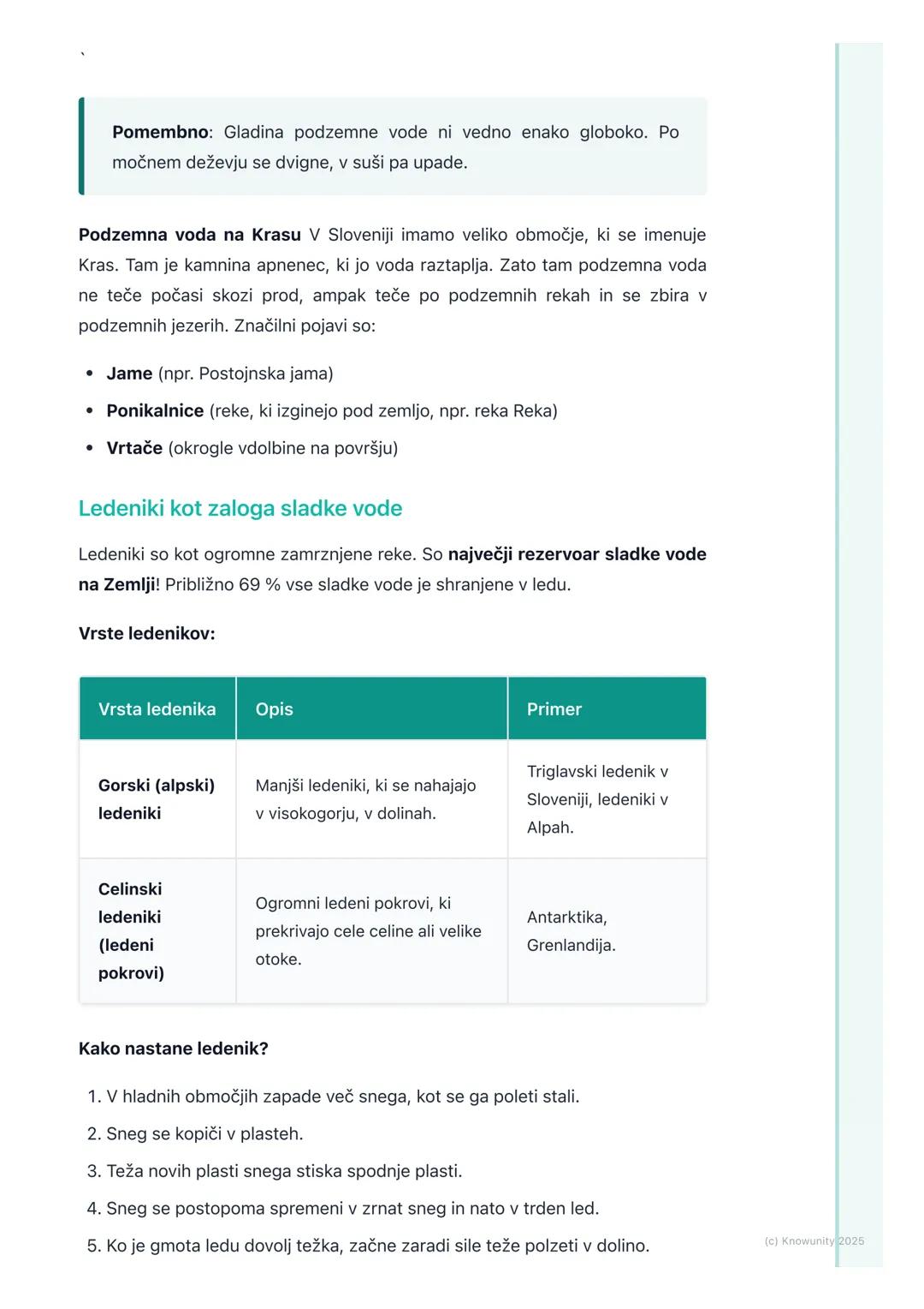 # Podzemna voda in ledeniki

Splošno o podzemni vodi in ledenikih

Voda na Zemlji ni samo v rekah, jezerih in morjih. Velik del sladke vode 