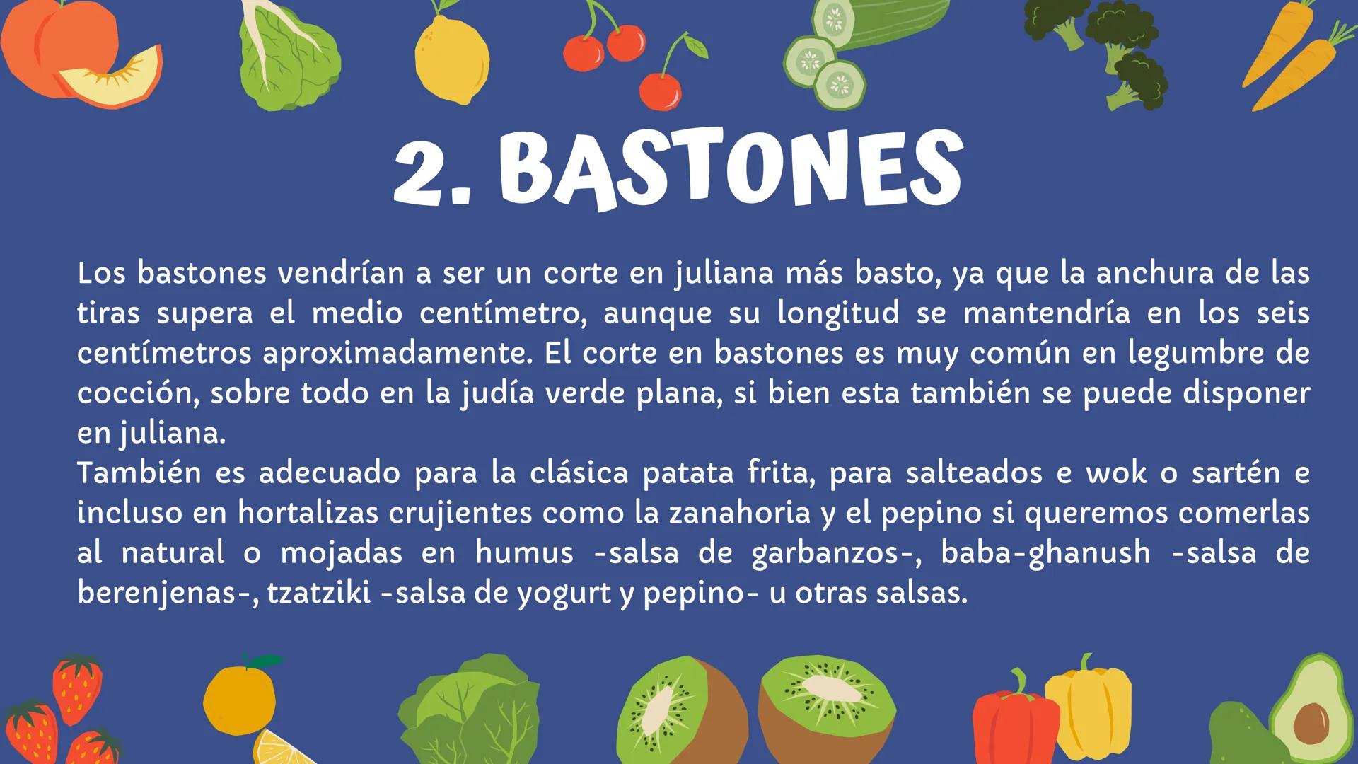 1.
JULIANA
Empezamos con el corte más popular de todos, ya que es el más practicado y el
que más usos tiene. La juliana es un tipo de corte 