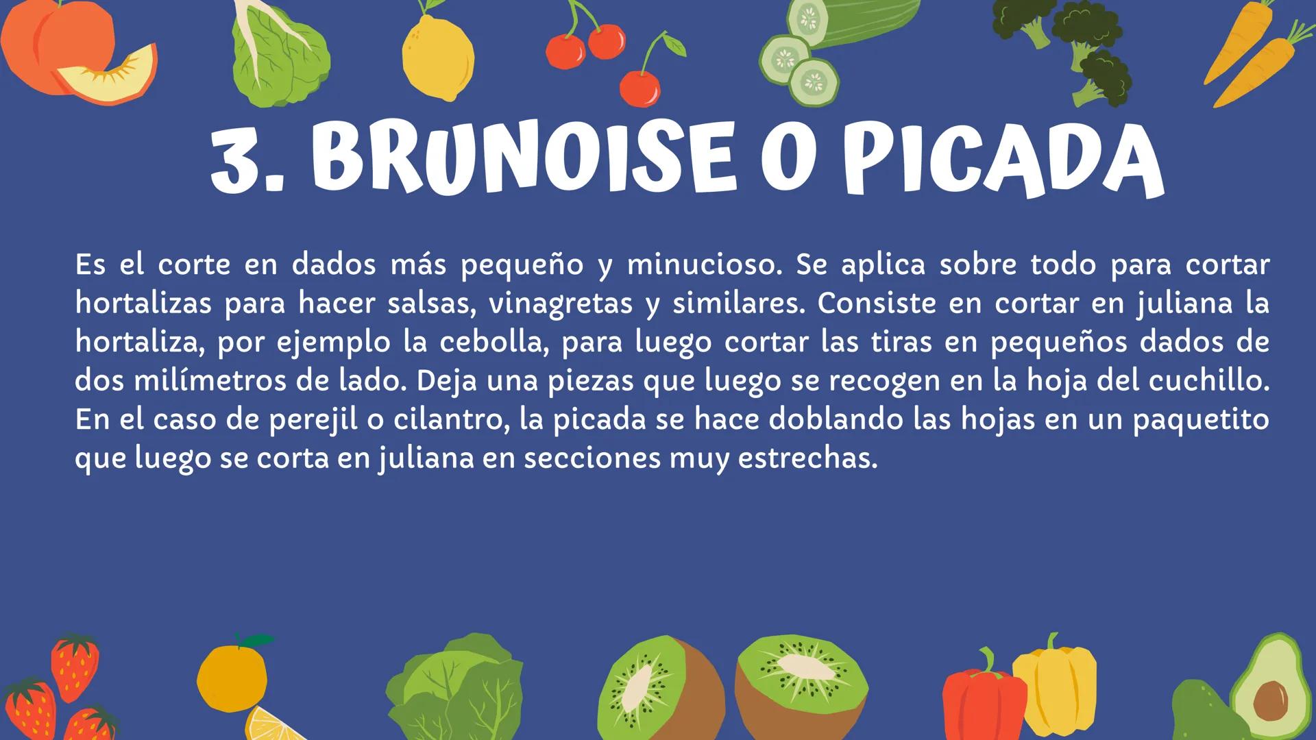 1.
JULIANA
Empezamos con el corte más popular de todos, ya que es el más practicado y el
que más usos tiene. La juliana es un tipo de corte 