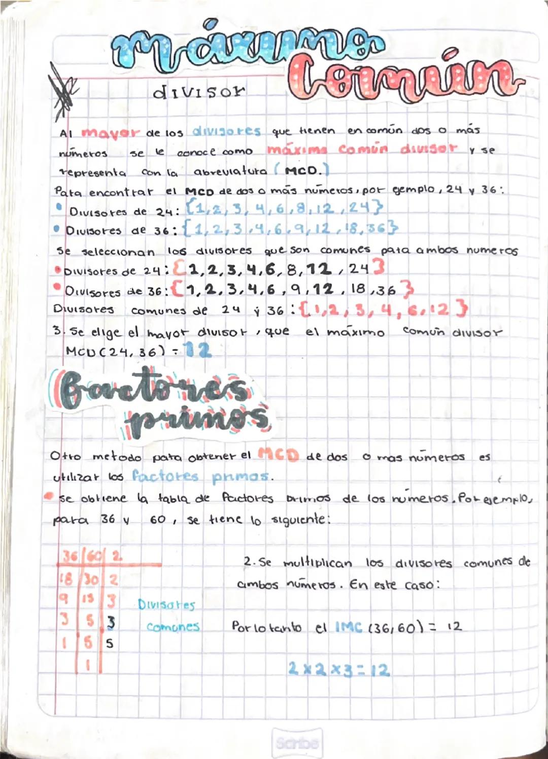 --- OCR Start ---
Maume
divisor
Lornien
Al mayer de los divisores que tienen en común dos o más
numeros se le conoce como máxima común divis