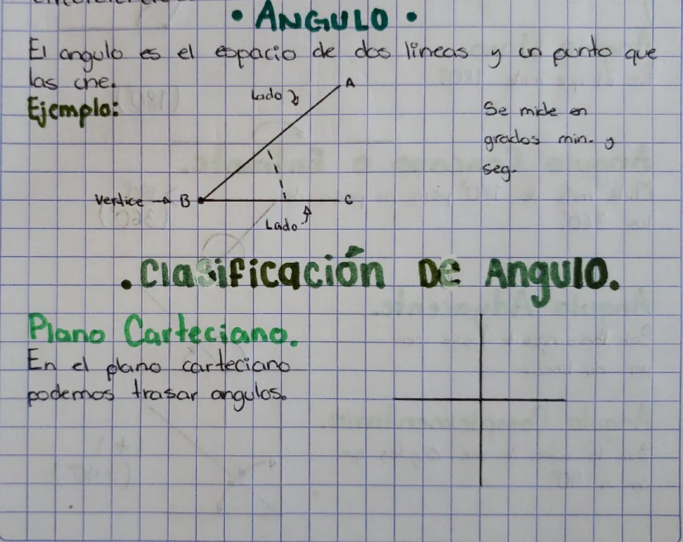 - ANGULO.

El angulo es el espacio de dos lineas y un punto que
las one.

Ejemplo:

Lado
A

1

Vertice B
C

Lado

Se mide en
grados min. y
s