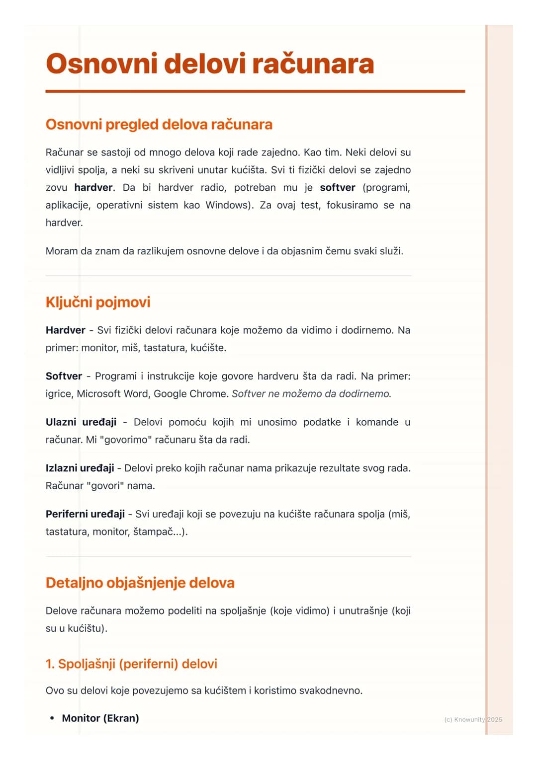 # Osnovni delovi računara

Osnovni pregled delova računara

Računar se sastoji od mnogo delova koji rade zajedno. Kao tim. Neki delovi su
vi