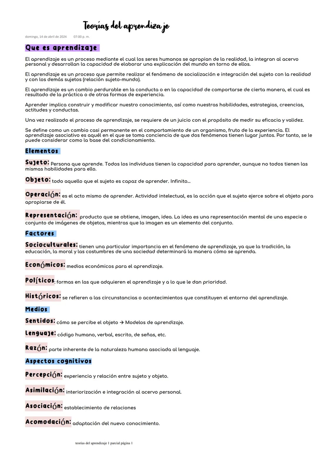 Teorías del aprendizaje
domingo, 14 de abril de 2024
07:00 p.m.
Que es aprendizaje
El aprendizaje es un proceso mediante el cual los seres h