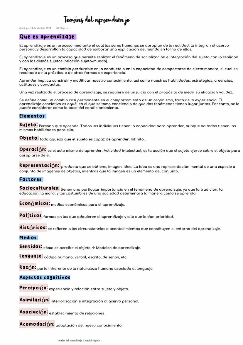 Teorías del aprendizaje
domingo, 14 de abril de 2024
07:00 p.m.
Que es aprendizaje
El aprendizaje es un proceso mediante el cual los seres h