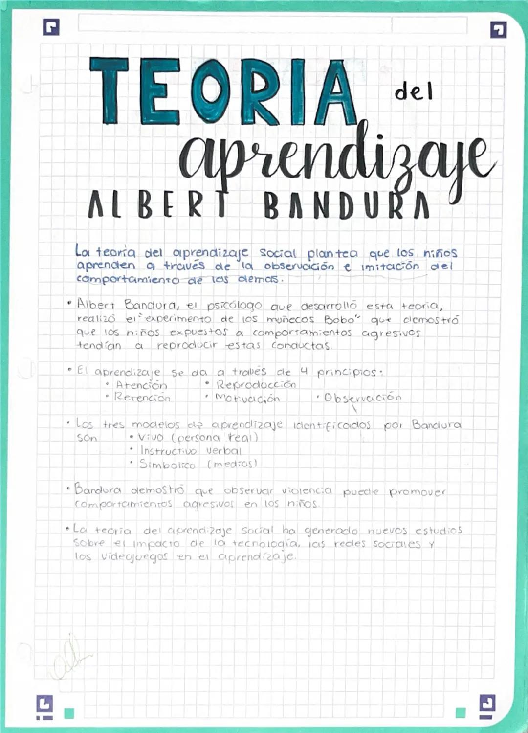 # TEORIA del

# aprendizaje

# ALBERT BANDURA

La teoría del aprendizaje social plantea que los niños
aprenden a través de la observcición e
