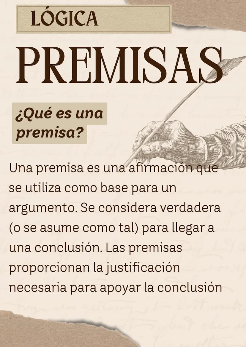 LÓGICA
PREMISAS
¿Qué es una
premisa?
Una premisa es una afirmación que
se utiliza como base para un
argumento. Se considera verdadera
(o se 