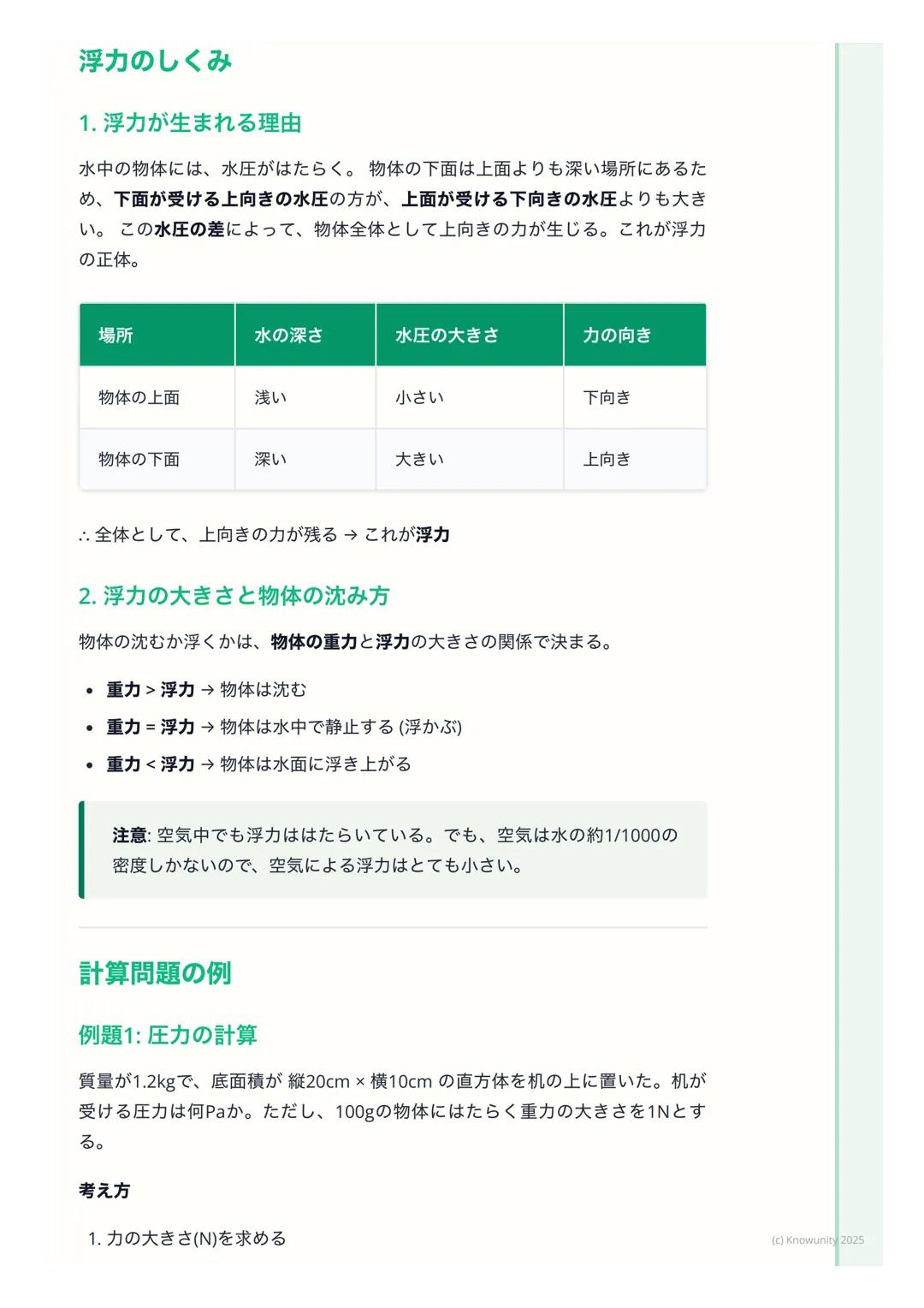 # 圧力と浮力

圧力と浮力の基本

力のはたらきの中でも、特に面にかかる力 「圧力」と、水のような液体や空気の
ような気体の中で物体を押し上げようとする力 「浮力」についてまとめる。日
常生活でも、スキーや船など、いろいろな場面で使われている考え方だから、し
っかり理解しておく