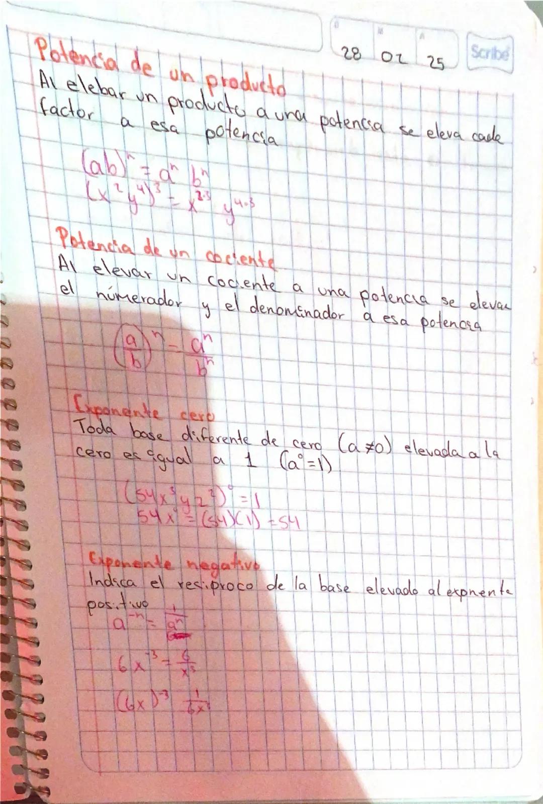 A
Scribe
27 02 25
# Leyes de los exponentes
Son reglas que permiten simplificar expresiones
algebraicas que involucran potencias.
Si $a$ es 