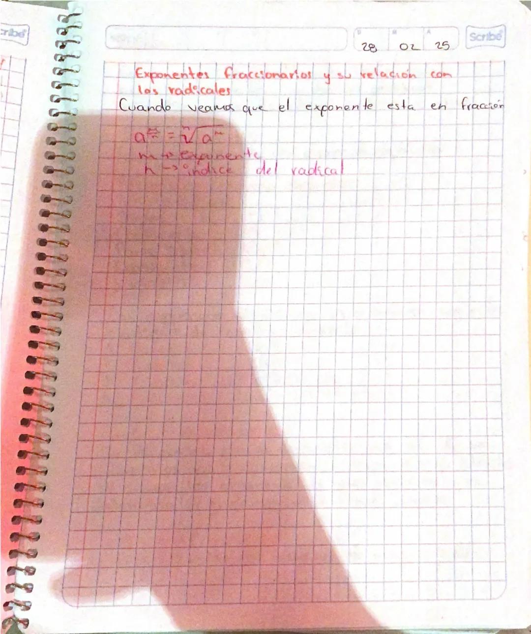A
Scribe
27 02 25
# Leyes de los exponentes
Son reglas que permiten simplificar expresiones
algebraicas que involucran potencias.
Si $a$ es 
