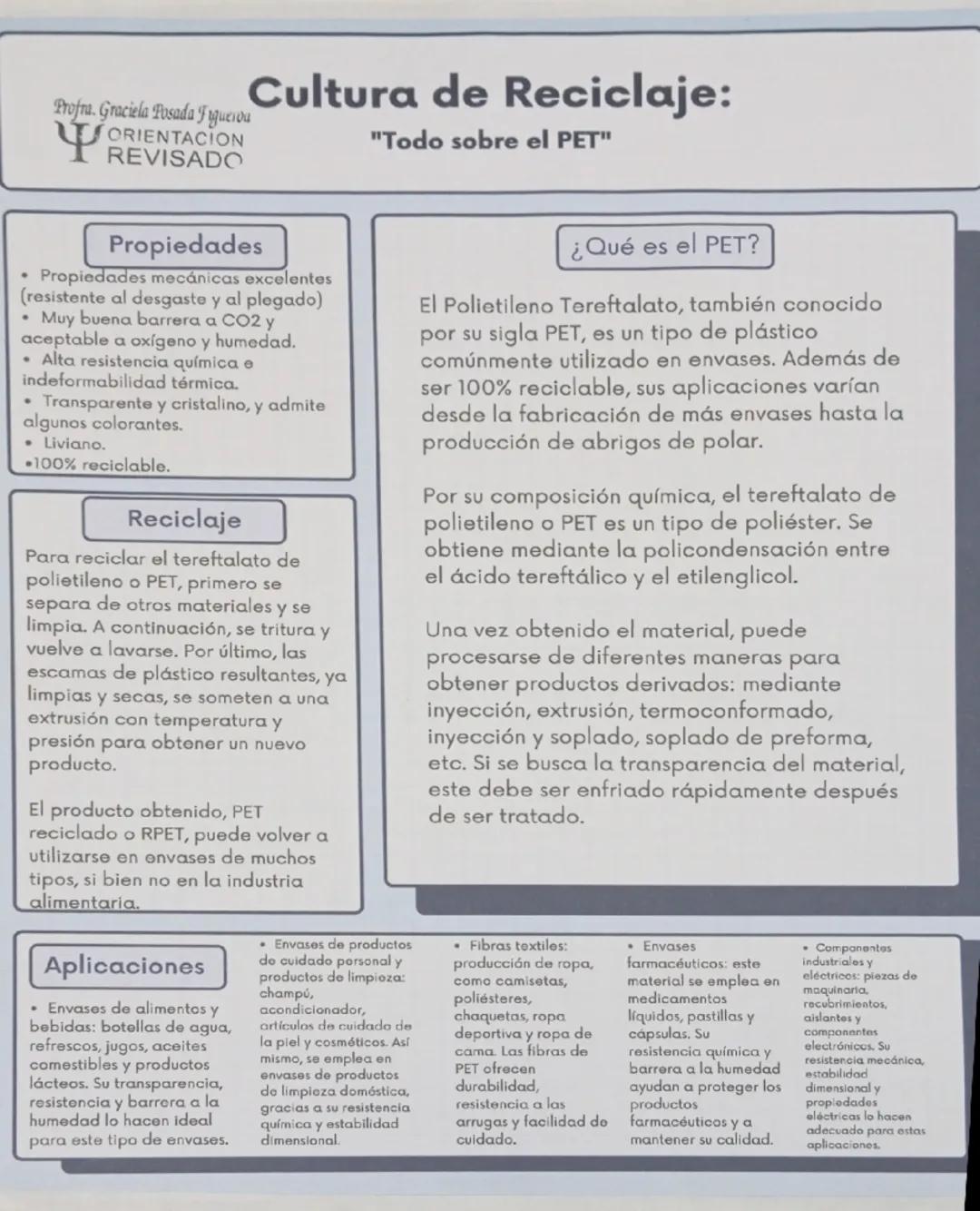 Profra. Graciela Posada Figueroa
ORIENTACION
REVISADO
Cultura de Reciclaje:
Propiedades
Propiedades mecánicas excelentes
(resistente al desg