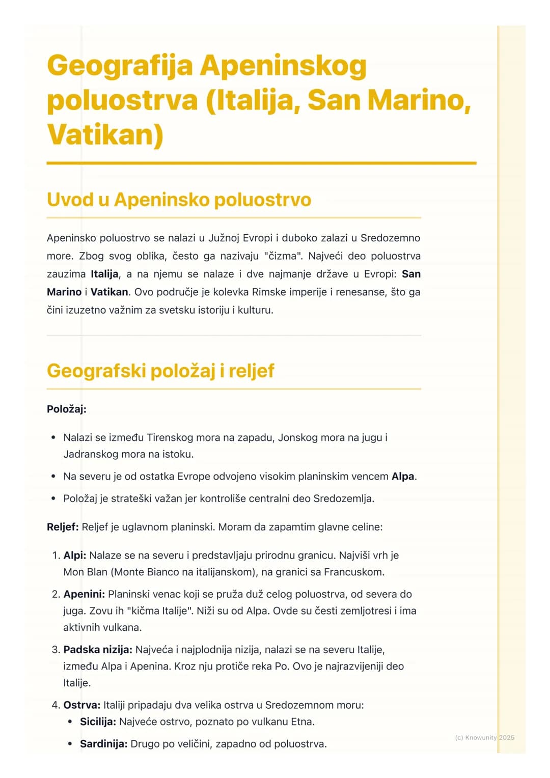 # Geografija Apeninskog
# poluostrva (Italija, San Marino,
# Vatikan)

## Uvod u Apeninsko poluostrvo

Apeninsko poluostrvo se nalazi u Južn