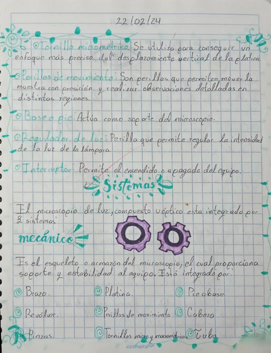22/02/24
el microscopio
Partes
Lentes oculares
Anillo de efque o
dioptria
Revólver
Lentes objetivo
Pinzas
Apertura
Diafragma ins
Condensador