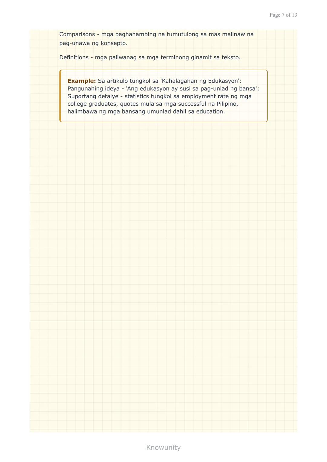 --- OCR Start ---
Pag-unawa at Pagsusuri ng Iba't Ibang Teksto
Pagkilala ng mahahalagang impormasyon at detalye
sa iba't ibang uri ng teksto