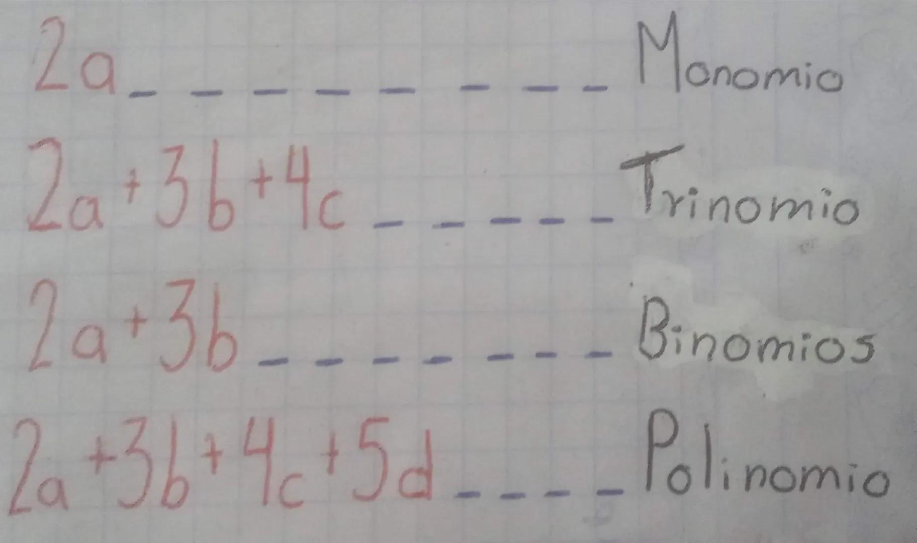 Signo

Exponente

-2$b^{2}$

Coeficiente
(Número)

Parte literal - 2a - - - - - - - - - - Monomio
- 2a+3b+4c - - - - - - - - Trinomio
- 2a+3