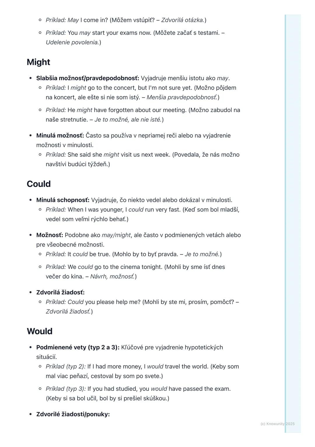 # Modálne slovesá a ich funkcie

## 1. Prehľad modálnych slovies

Modálne slovesá sú špeciálny typ pomocných slovies v angličtine. Nepoužíva