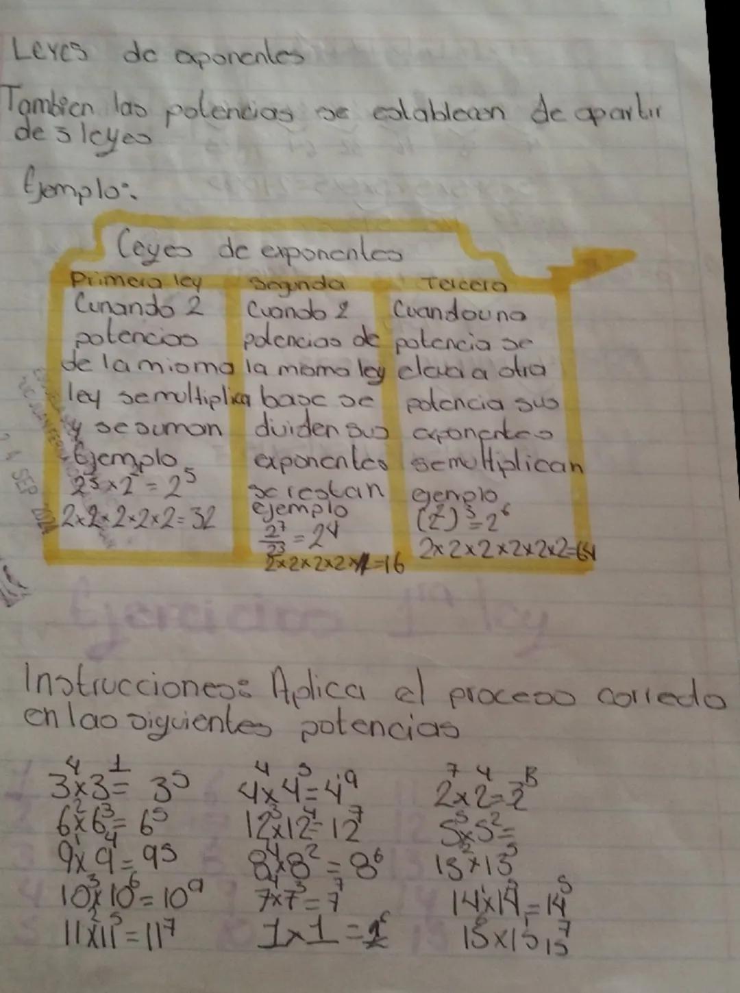 # Leves de oponentes

Tambien las polencias se establecen de apartır
de 5 leyes

Ejemplo.

Ceyes de exponentes

| Primera ley | Sogunda | Ta