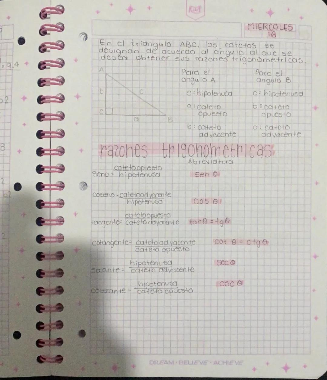 Rout
MIERCOLES
16
En el triangulo ABC, los catetos se
designan de acuerdo al angulo al que se
desea obtener sus razones trigonometricas.
Par