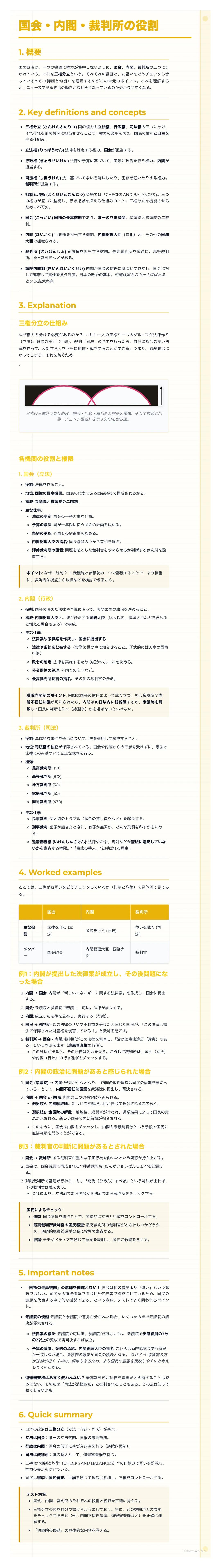 # 国会・内閣・裁判所の役割

1. 概要

*   国会、内閣、裁判所はそれぞれ独立して存在しますが、相互に連携しながら国を運営しています。これら三権のバランスを保ち、国民の権利を守ることが重要です。各機関の役割を理解することで、より良い社会の実現に貢献できます。一緒に各機関の