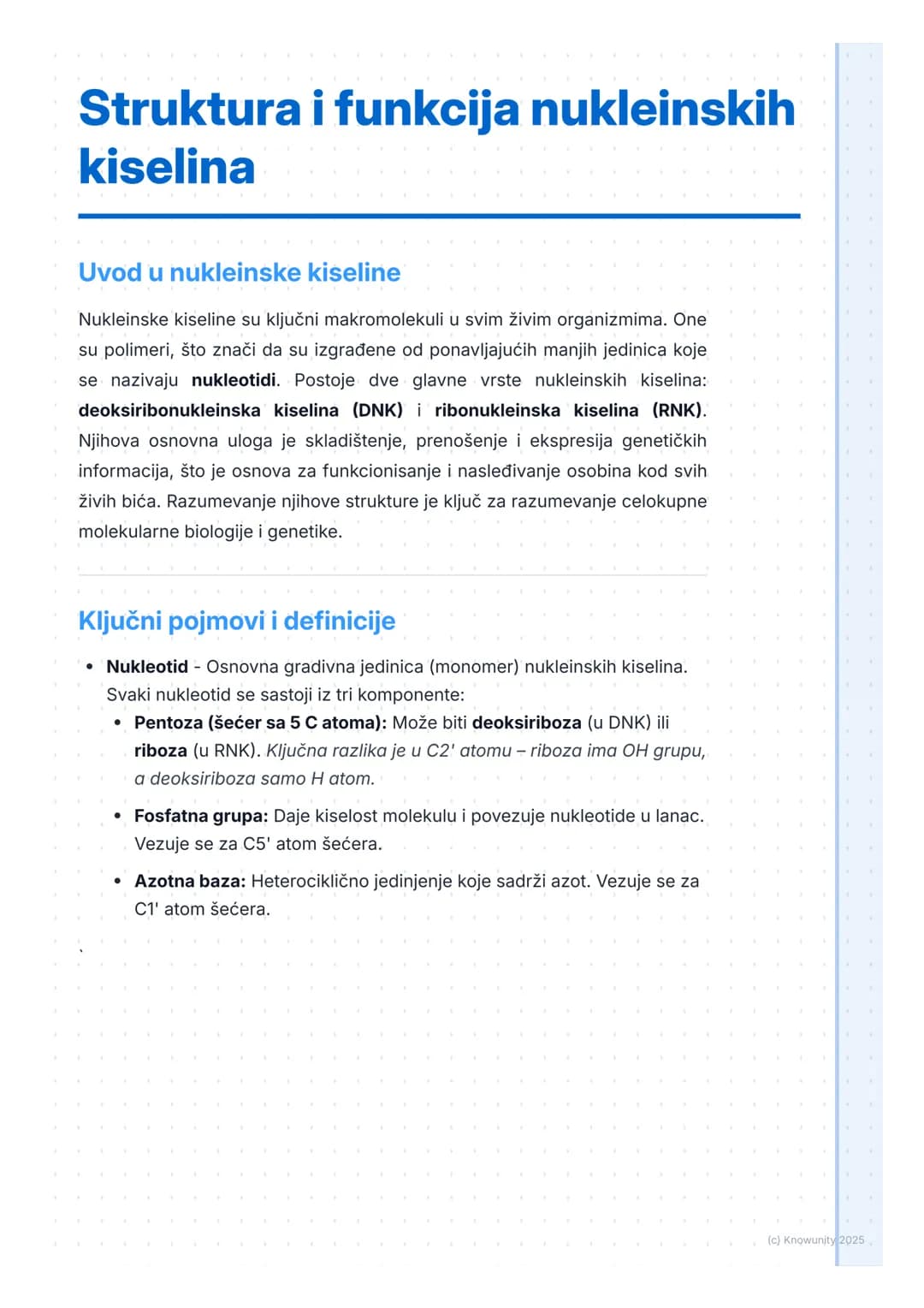 # Struktura i funkcija nukleinskih
kiselina

Uvod u nukleinske kiseline

Nukleinske kiseline su ključni makromolekuli u svim živim organizmi