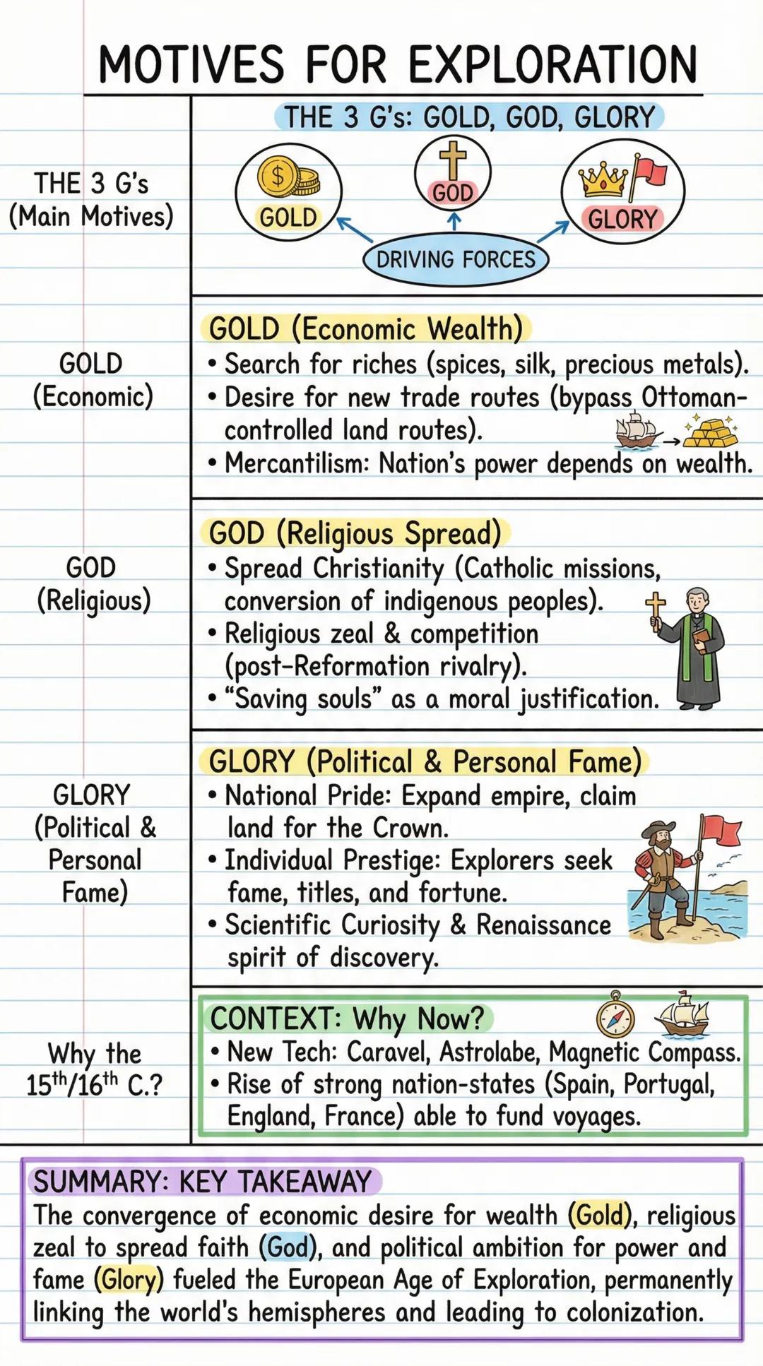 # MOTIVES FOR EXPLORATION
THE 3 G's: GOLD, GOD, GLORY
THE 3 G's
(Main Motives)

$
GOLD
$

+
GOD

GLORY

DRIVING FORCES

GOLD (Economic Wealt
