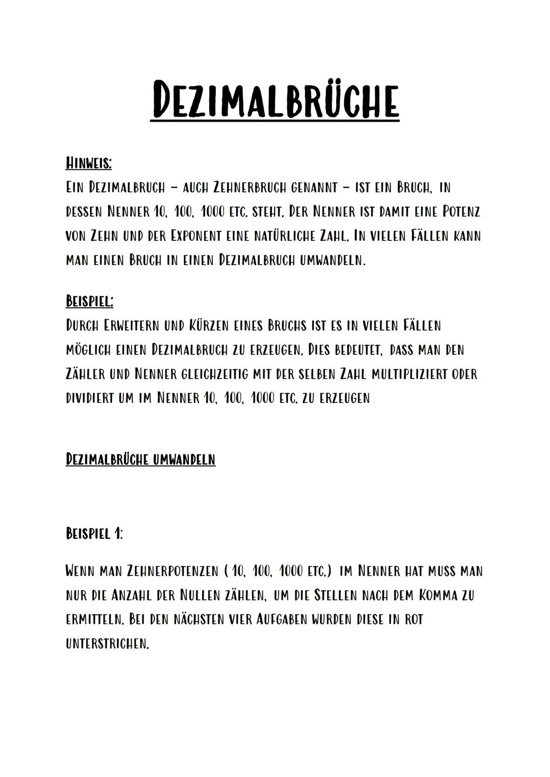 # DEZIMALBRÜCHE

## HINWEIS:
EIN DEZIMALBRUCH - AUCH ZEHNERBRUCH GENANNT - IST EIN BRUCH, IN
DESSEN NENNER 10, 100, 1000 ETC. STEHT. DER NEN