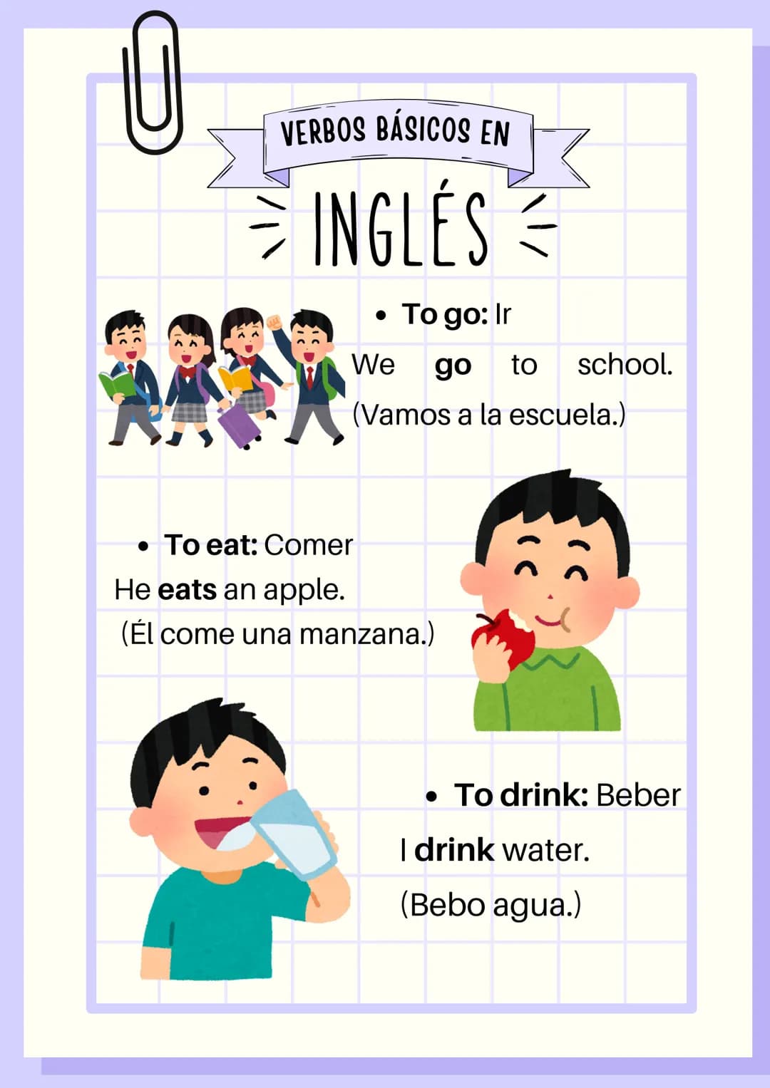 VERBOS BÁSICOS EN
INGLES
• To be: Ser/estar
I'm Laury. (Yo soy Laury)
I'm happy. (Yo estoy feliz)
• To have: Tener
She has a cat. (Ella
tien