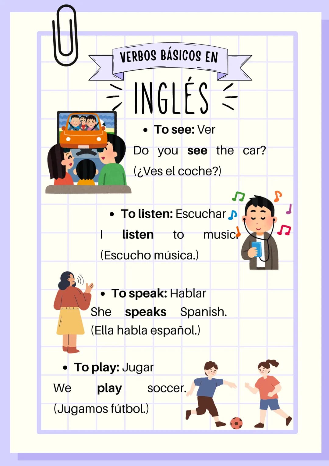 VERBOS BÁSICOS EN
INGLES
• To be: Ser/estar
I'm Laury. (Yo soy Laury)
I'm happy. (Yo estoy feliz)
• To have: Tener
She has a cat. (Ella
tien