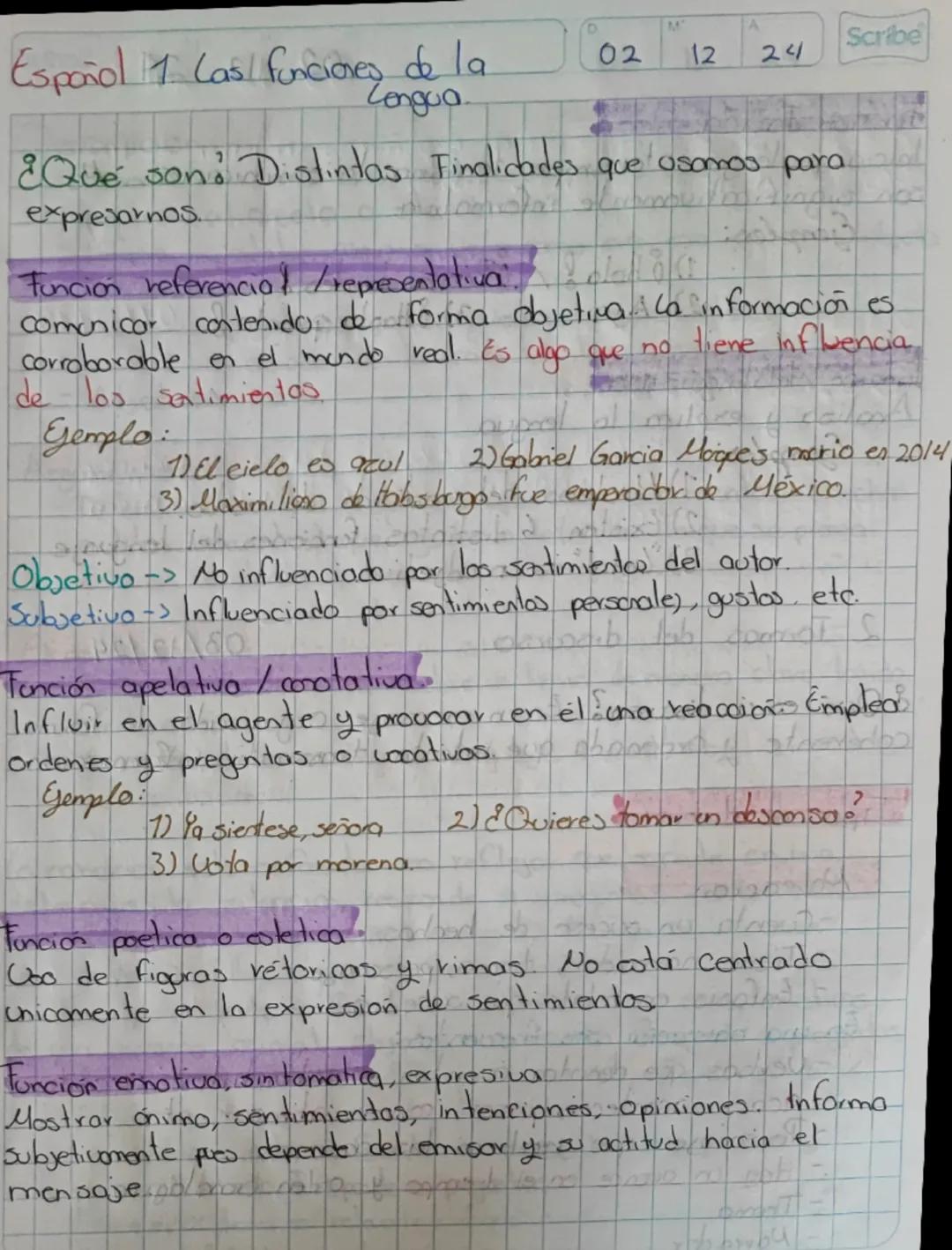 --- OCR Start ---
Español 1 Cas funciones de la
Lengua
02 12 24 Scribe
¿Qué son? Distintas Finalidades que usamos para
expresarnos.
Función 