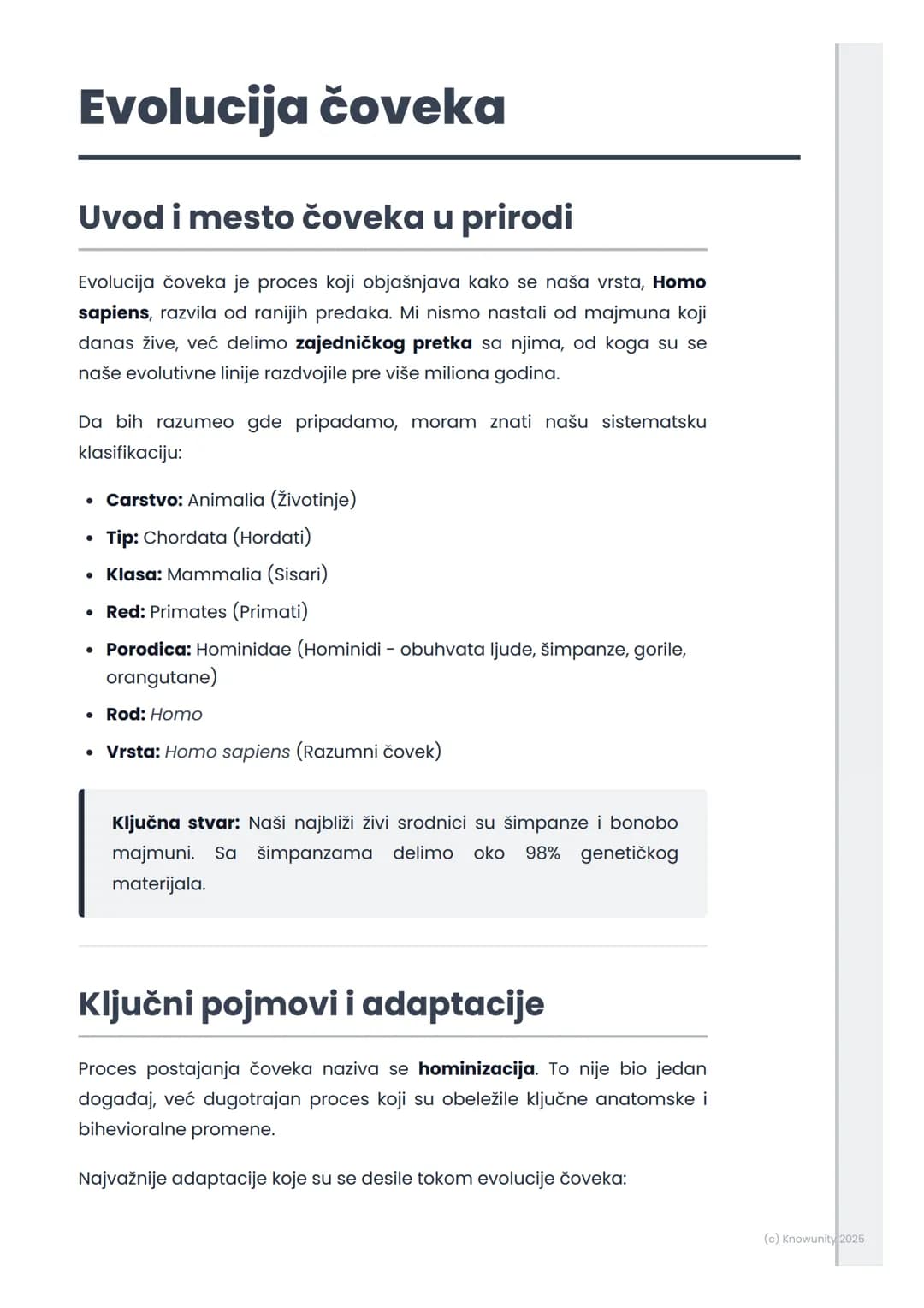 # Evolucija čoveka

## Uvod i mesto čoveka u prirodi

Evolucija čoveka je proces koji objašnjava kako se naša vrsta, Homo
sapiens, razvila o
