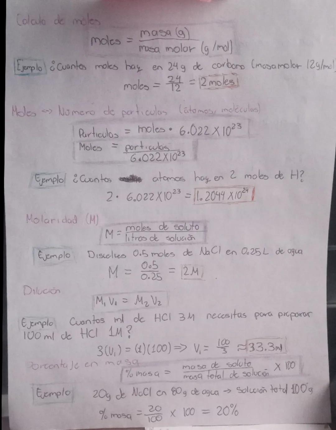 # Calculo de moles

Moles = $\frac{masa (9)}{mosa molar (g/mol)}$

Ejemplo ¿Cuantes moles hay en 24 g de carbono (mosamolar 129/mol)
moles =