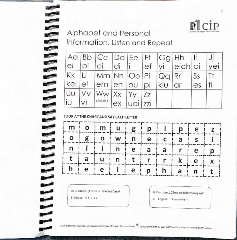 CIP
Alphabet and Personal
Information. Listen and Repeat
Aa Bb Cc Dd Ee Ff
ei bi ci di i ef
Mm Nn Oo Pi
em en ou pi
Centro de Ingles Persona