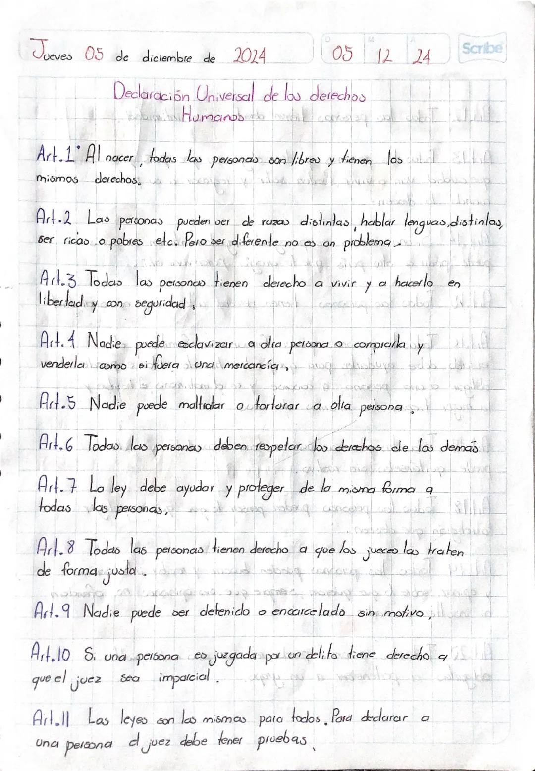 Jueves 05 de diciembre de 2024
Art.1 Al
mismos
05 12 24 Scribe
Declaración Universal de los derechos.
Humanos
nacer, todas las personas son 