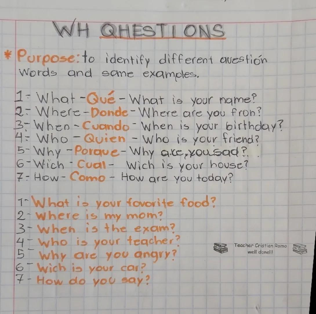 WH QUESTIONS
*Purpose: to identify different avestión
Words and same examples.
1- What - Qué - What is your name?
2-Where-Donde - Where are 