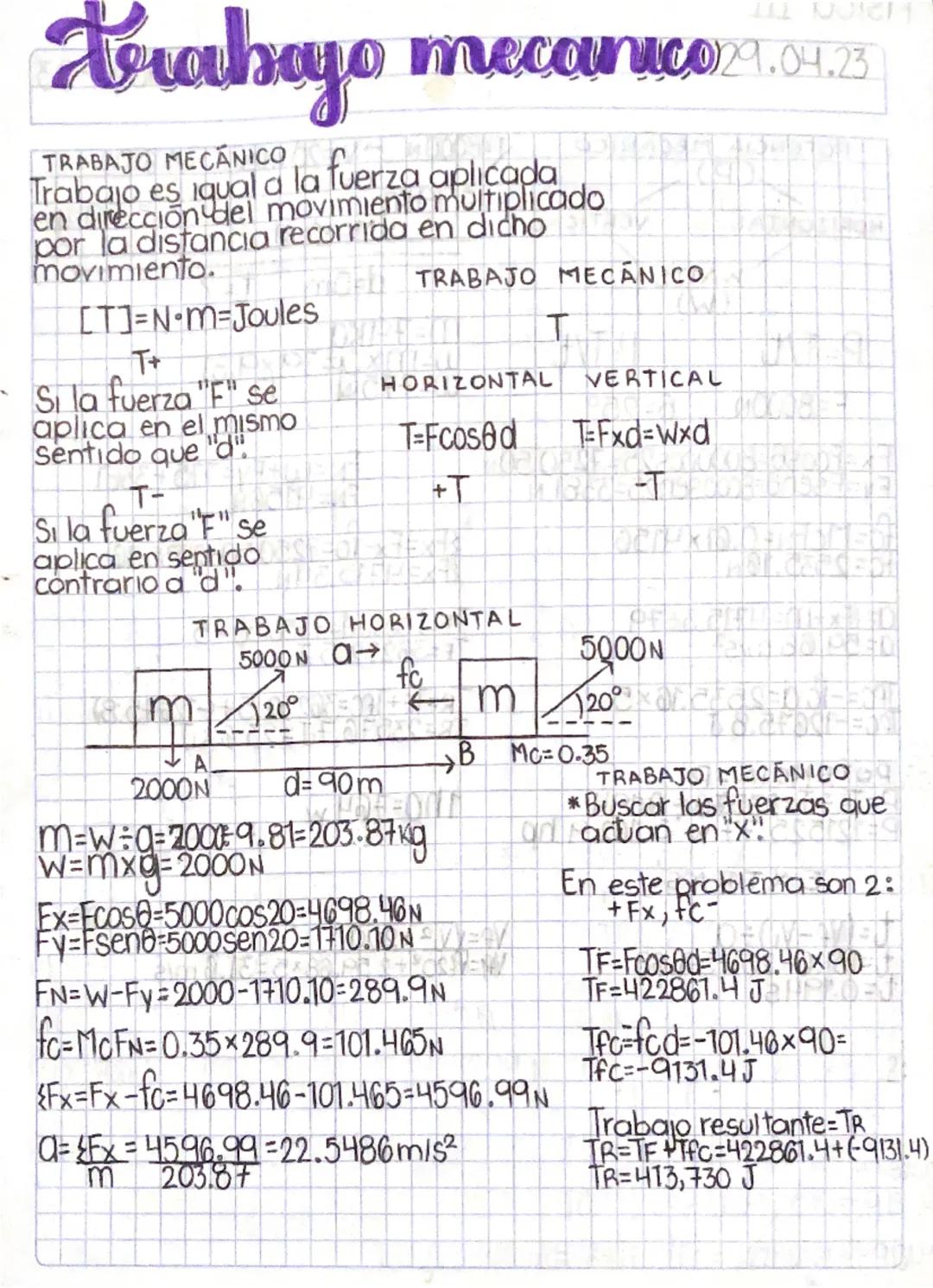 # Trabajo mecanico 21.04.23

TRABAJO MECÁNICO
Trabajo es igual a la fuerza aplicada
en dirección del movimiento multiplicado
por la distanci