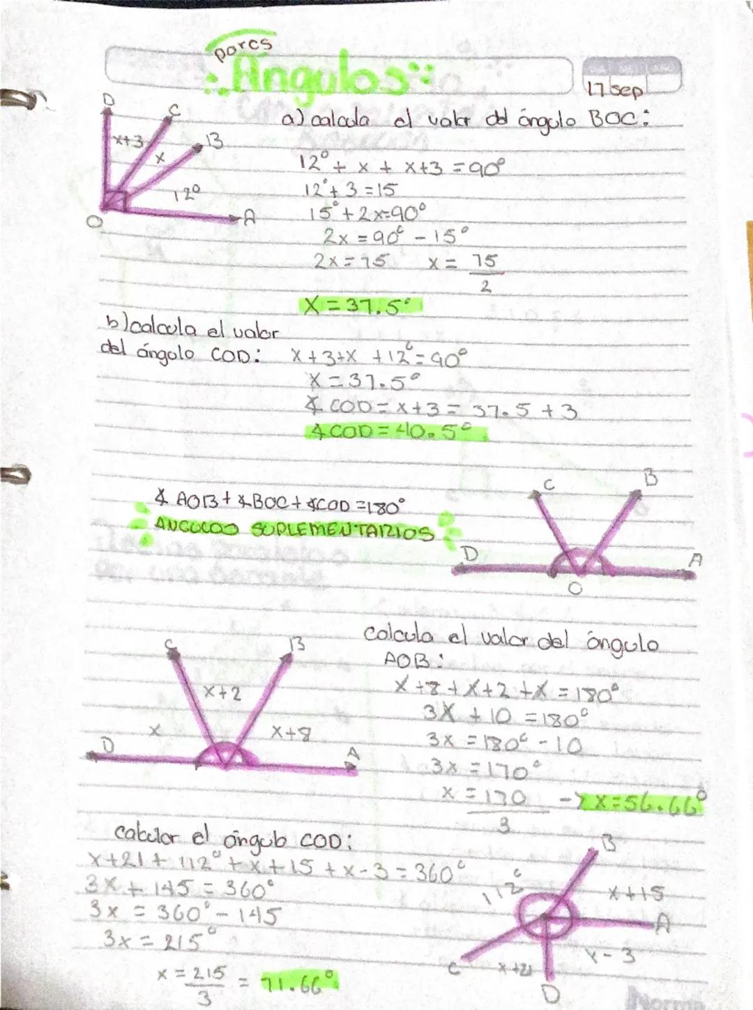 porcs
# Angulos
17 sep
D
x+3
13
120
a) calcula el vaker dd ángulo BOC:

$12^\circ + x + x+3=90^\circ$
$12+3=15$
$15^\circ+2x=90^\circ$
$2x=9