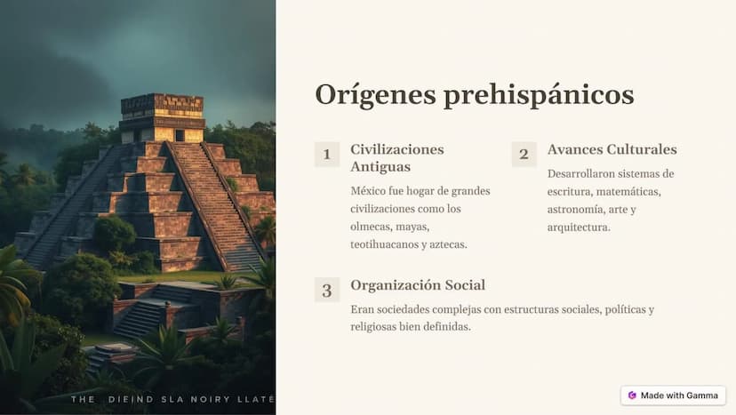 THE
DIEIND
SLA NOIRY LLATÉ
Orígenes prehispánicos
1
Civilizaciones
2
Avances Culturales
Antiguas
México fue hogar de grandes
Desarrollaron s