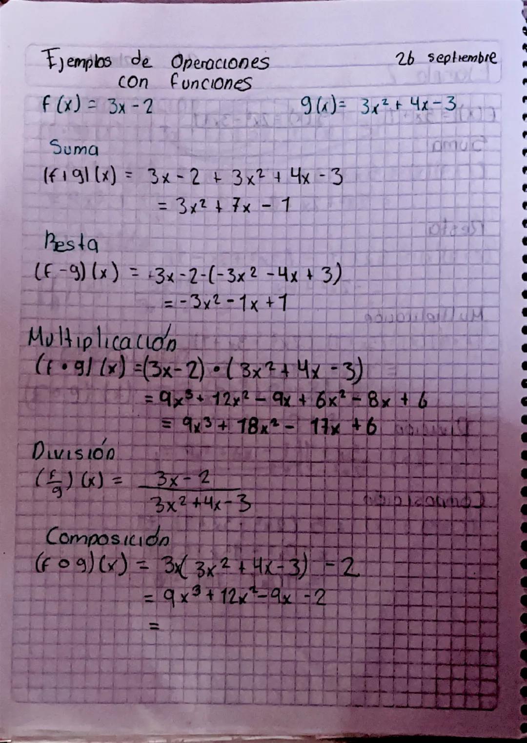 Operaciones Con funciones.
1. La funcion suma (f+9)(x) = f(x) + g(x).
20 de septiembre
Dictado
1.4
2. La función resta :(f-g) (x) = ((x) - 9