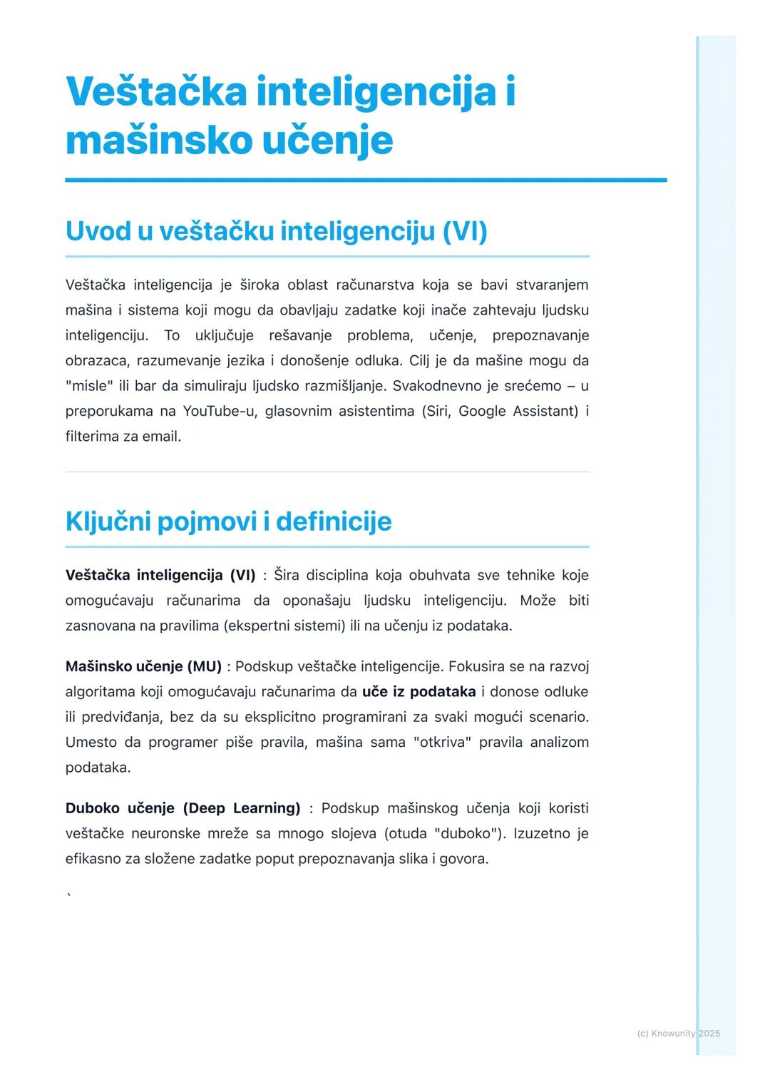 # Veštačka inteligencija i
mašinsko učenje

Uvod u veštačku inteligenciju (VI)

Veštačka inteligencija je široka oblast računarstva koja se 