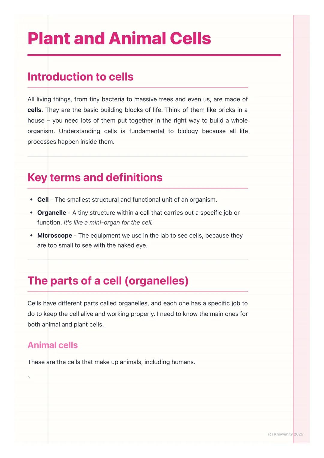 # Plant and Animal Cells

## Introduction to cells

All living things, from tiny bacteria to massive trees and even us, are made of
cells. T