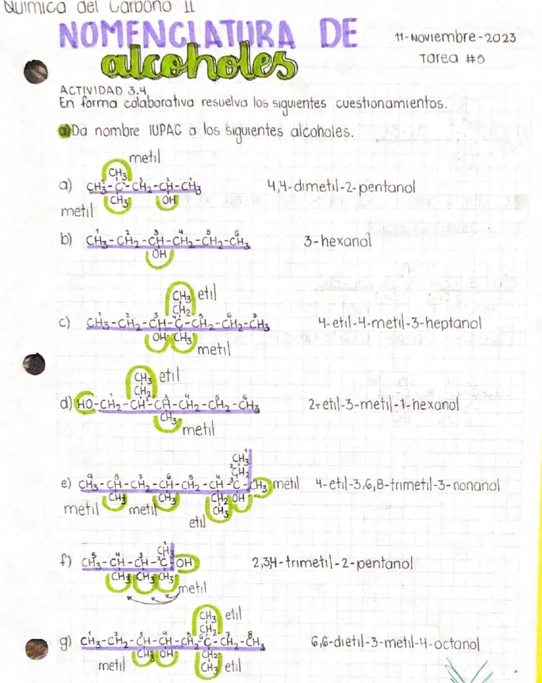 Quimica del Carbono 11

# NOMENCLATURA DE
## alcoholes

ACTIVIDAD 3.4.
11-Noviembre-2023
Tarea #5

En forma colaborativa resuelva los siguie