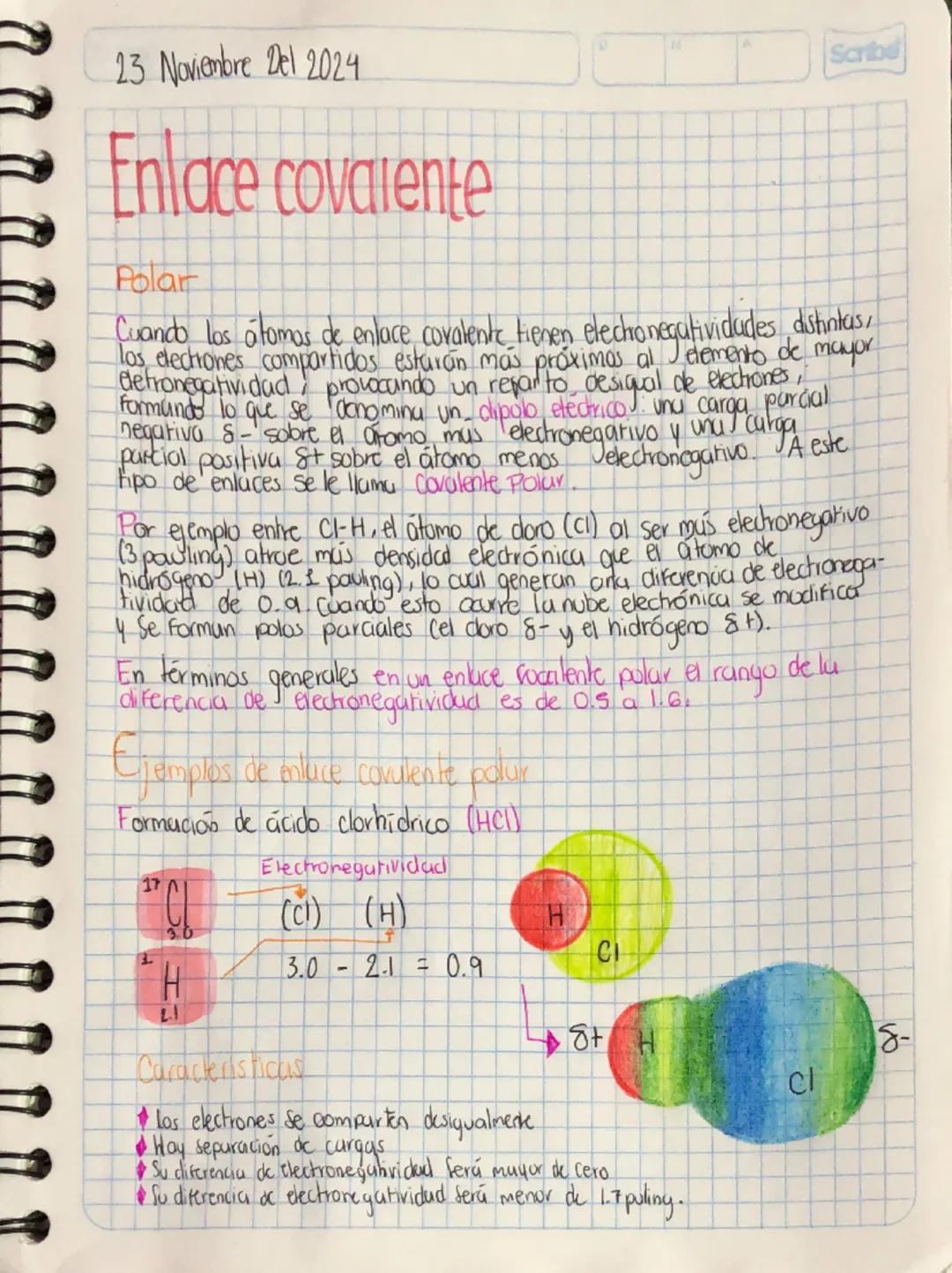 23 Noviembre Del 2024
Enlace covarente
Polar
Scribe
Cuando los átomos de enlace covalente tienen electronegatividades distintas,
los electro