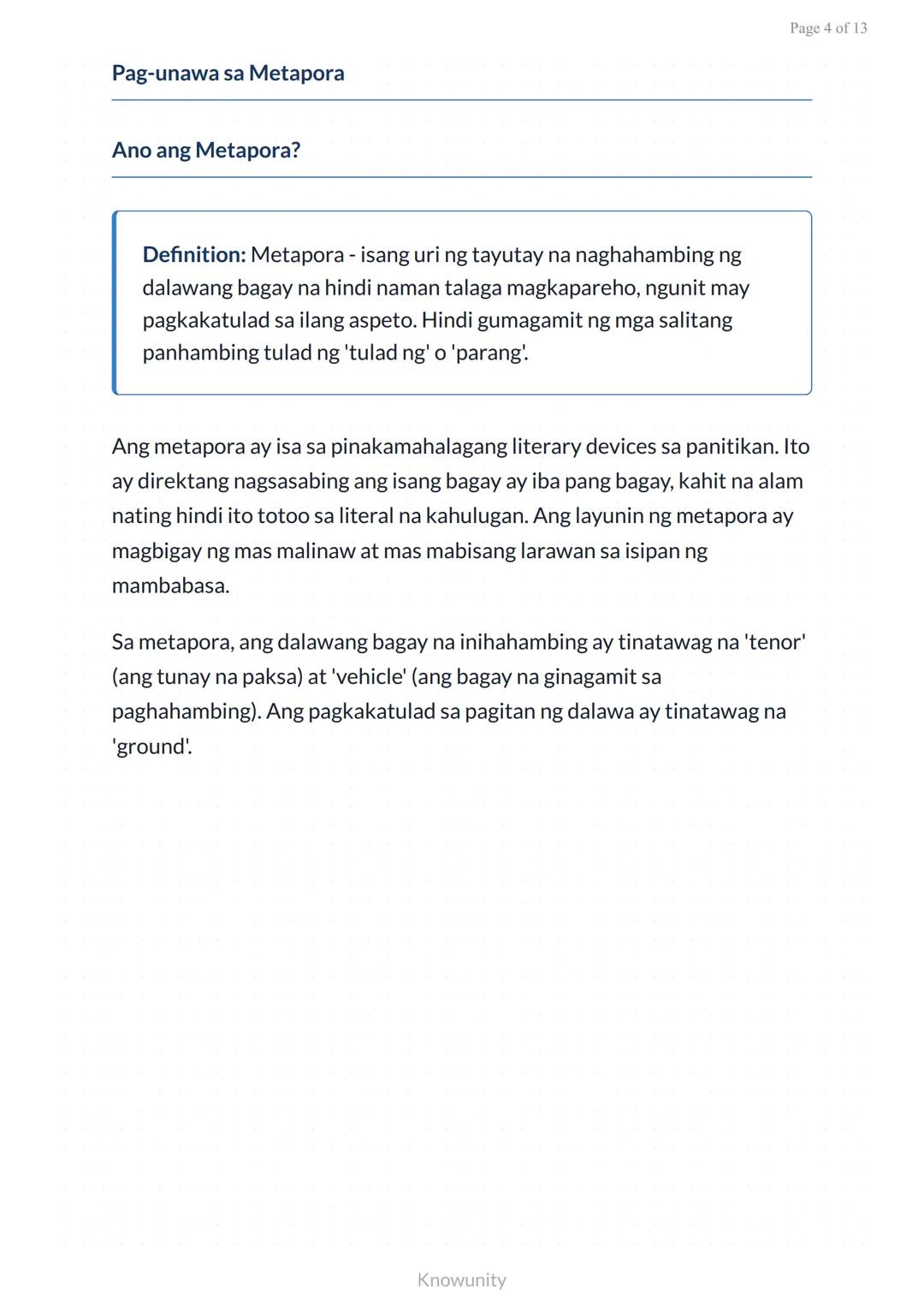 Pagkilala at Pagsusuri ng Literary Devices: Metapora at Tayutay
Pag-aaral ng mga literary devices sa panitikang
Pilipino
Mga Layuning Pang-e