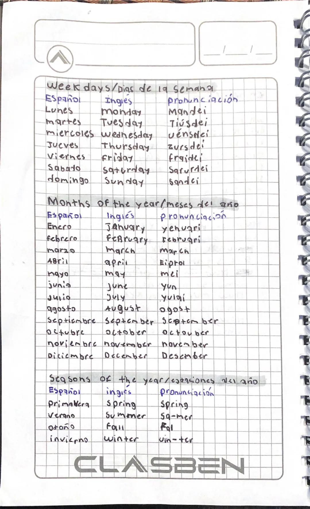 Días de la semana, meses del año y estaciones del año: pronunciación y escritura