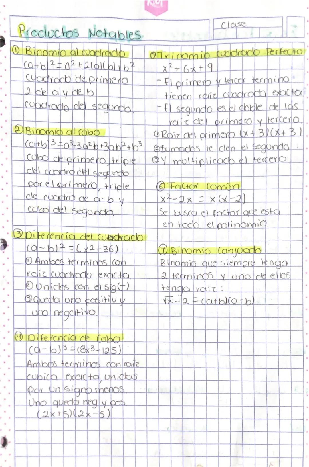 Productos Notables
①Binomio al cuadrado
(a+b)²=0² + 2(a)(b)+67
Cuadrado de primero
2 clay deb
cuadrado del segundo.
Binomio al cobo
(a+b)3 =