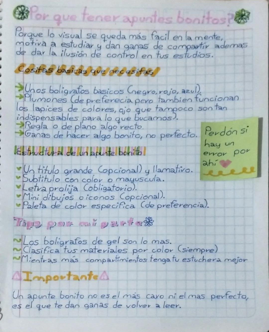 --- OCR Start ---
Por que tener apuntes bonitos?!
Porque lo visual se queda más facil en la mente,
motiva a estudiar y dan ganas de comparti