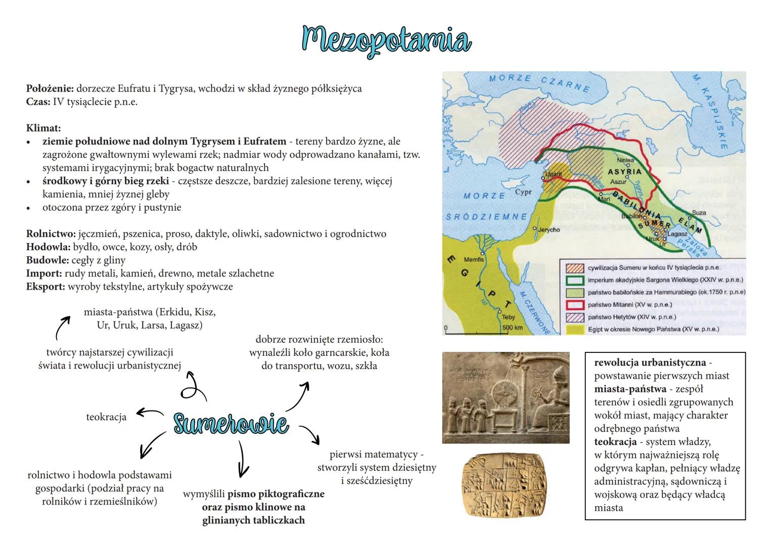 # Mezopotamia

Położenie: dorzecze Eufratu i Tygrysa, wchodzi w skład żyznego półksiężyca
Czas: IV tysiąclecie p.n.e.

Klimat:
*   ziemie po